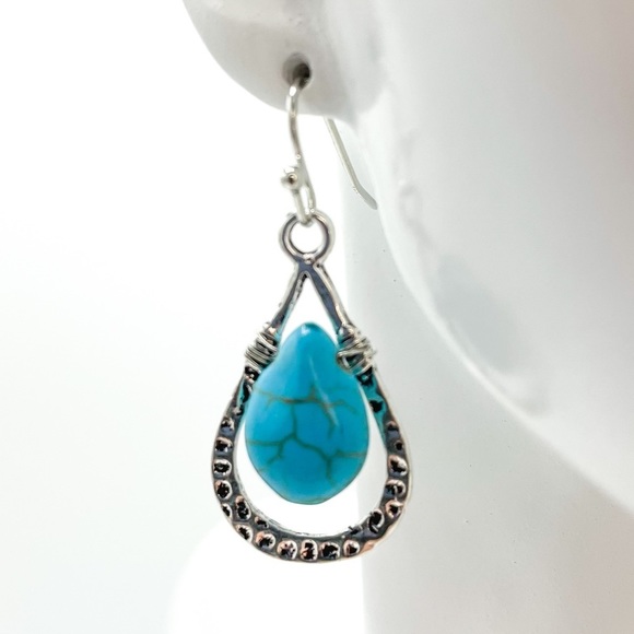 Boho Chic Festival Faux Turquoise and silver tone dangle earrings - Picture 2 of 6